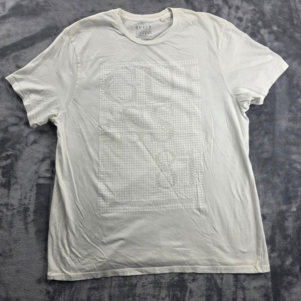 Guess T-Shirt Mens XL‎ White Embossed Grid Graphic Los Angeles Cotton Tee